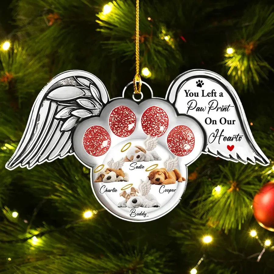 Acrylic Ornament with Angel Wings & Paw Print – Pet Memorial Keepsake for Dog Lovers, heartfelt gift for Christmas and beyond