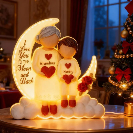 Acrylic Light Box - Crescent Moon with Child Holding Hearts, 'To the Moon and Back' Glow, Unique Gift for Grandma