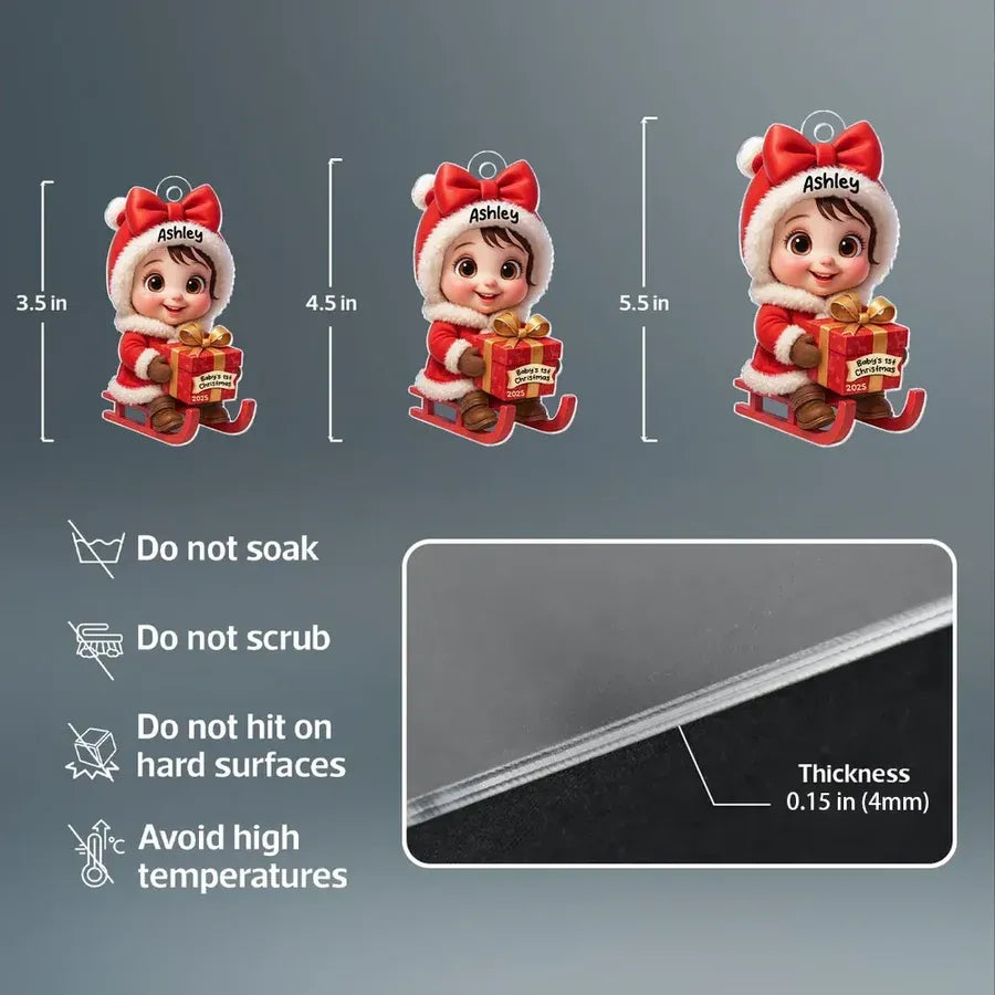 Acrylic Ornament with Baby in Santa Outfit on Sleigh, High Clarity, Heartwarming Christmas Gift