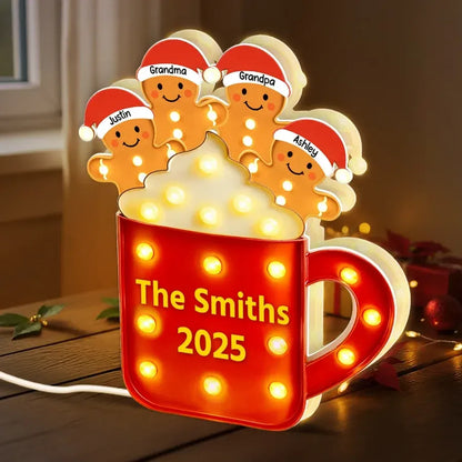 Acrylic Light Box Gingerbread Mug with Santa Hats, Cozy Christmas Glow, Custom Design, Unique Family Gift