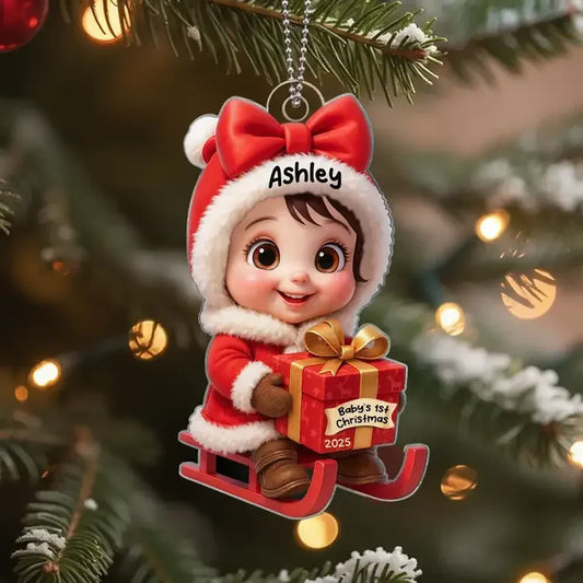Acrylic Ornament with Baby in Santa Outfit on Sleigh, High Clarity, Heartwarming Christmas Gift
