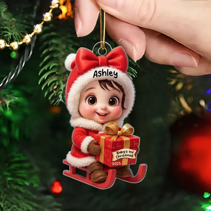 Acrylic Ornament with Baby in Santa Outfit on Sleigh, High Clarity, Heartwarming Christmas Gift