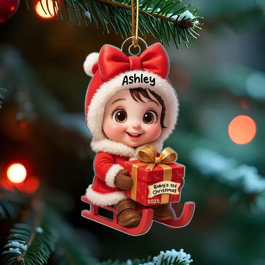 Acrylic Ornament with Baby in Santa Outfit on Sleigh, High Clarity, Heartwarming Christmas Gift