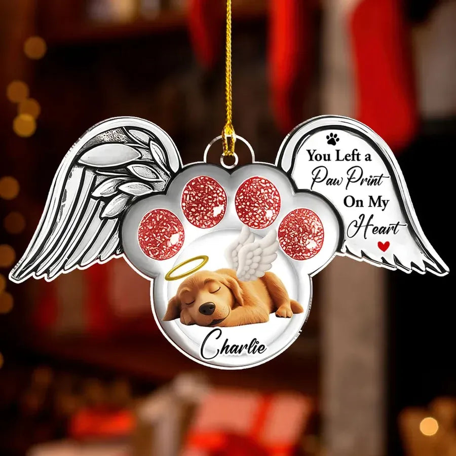 Acrylic Ornament with Angel Wings & Paw Print – Pet Memorial Keepsake for Dog Lovers, heartfelt gift for Christmas and beyond
