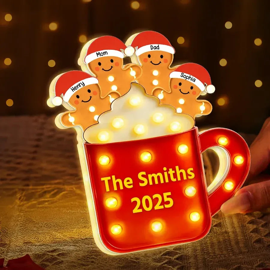 Acrylic Light Box Gingerbread Mug with Santa Hats, Cozy Christmas Glow, Custom Design, Unique Family Gift