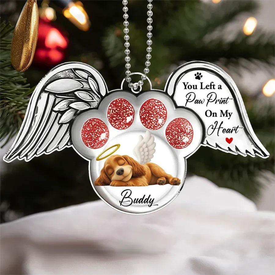 Acrylic Ornament with Angel Wings & Paw Print – Pet Memorial Keepsake for Dog Lovers, heartfelt gift for Christmas and beyond